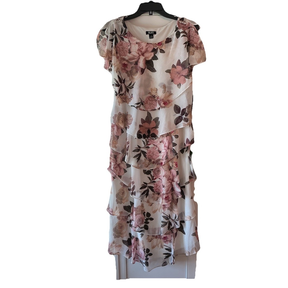 SL Fashions Women's Ivory Capelet-Sleeve Tiered Midi Dress Size 8